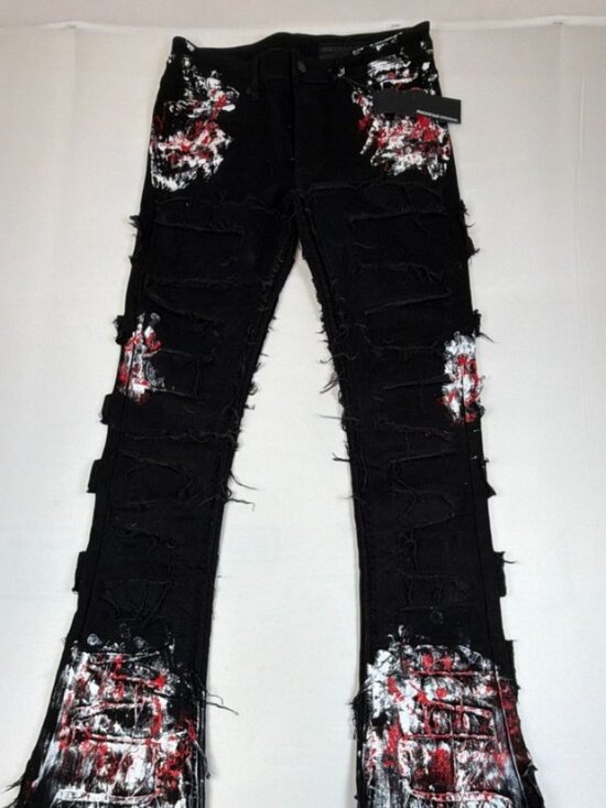 Rockstar Original Other - Rockstar Original Men's Black Red Painted Stacked Flare Fringe Jeans Size 34